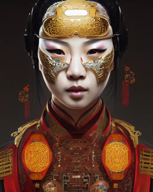 Image similar to portrait of a chinese cyberpunk machine, machine face, upper half portrait, decorated with chinese opera motifs, regal, asian, fine china, wuxia, traditional chinese art intricate intense elegant 京 剧 highly detailed digital painting artstation concept art smooth sharp focus illustration, art by artgerm and greg rutkowski alphonse mucha 8 k