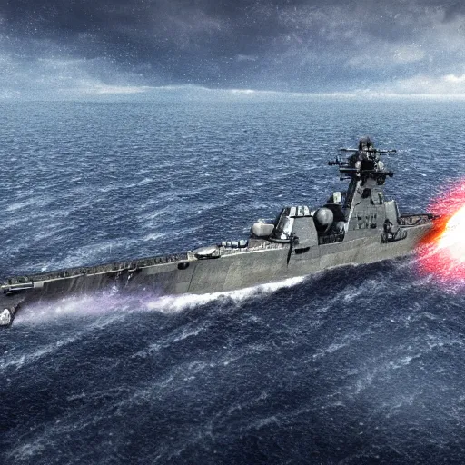 Image similar to Highly detailed photograph of a warship firing its naval automatic gun, HDR, 8k, trending on artstation, concept art