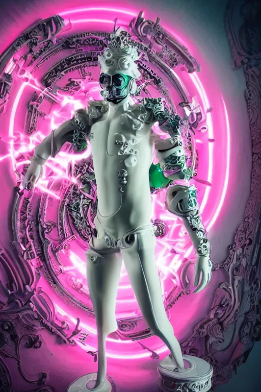 Image similar to full-body rococo and cyberpunk style porcelain sculpture of a young handsome seductive Peruvian android prince reaching for the sky, glowing pink laser eyes, crown of white gears and diamonds, swirling green-colored silk fabric. futuristic elements. full-length view. intricate artwork by caravaggio. Trending on artstation, octane render, cinematic lighting from the right, hyper realism, octane render, 8k, depth of field, 3D