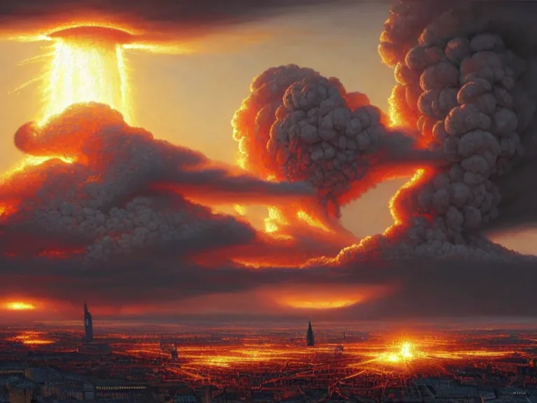 Prompt: , city of munich!!!, nuclear explosion!!!, shockwave!!, rubble, hyperrealistic, highly detailed, cinematic, single ray of golden sunlight, beautiful, cgssociety, artstation, 8 k, oil painting by greg rutkowski, by artgerm, by wlop