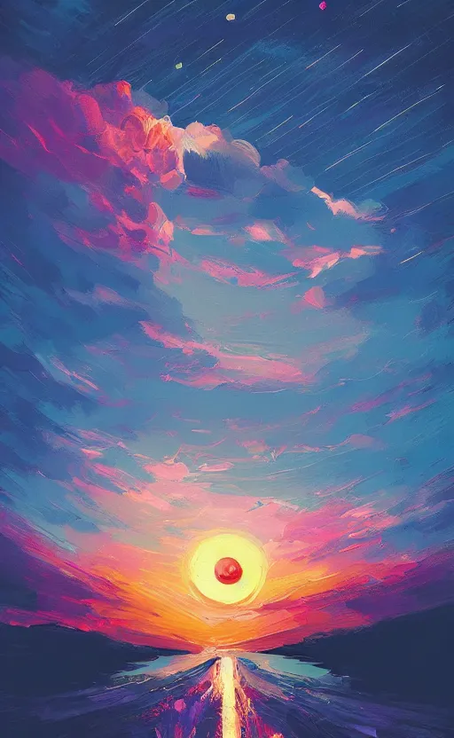 Image similar to a beautiful illustration of the sun king at night, art of alena aenami, featured on artstation, vertical orientation, paint brush strokes, expressionism, brushstroke - laden, breathtaking clouds, birds, ocean, beautiful stars, long exposure, big moon radius, airy midnight theme, blue purple gradient, lens flare