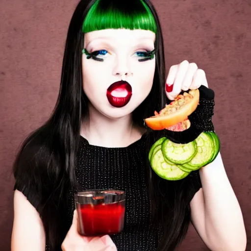 Prompt: goth girl eating plate of pickles