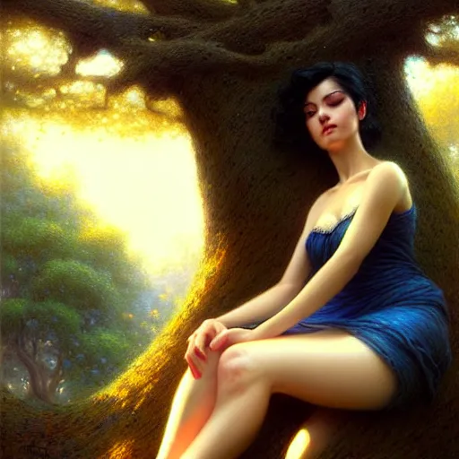 Prompt: portrait of a strong woman resting on a large tree, short black hair, thoughtful experssion, slender dark blue clothing, bare legs sharp focus, ultra realistic digital painting, colorful, cinematic lighting, high fantasy, intricate, highly detailed, smooth, elegant, gaston bussiere, bayard wu, greg rutkowski