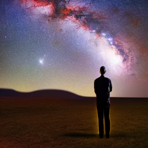 Prompt: a man standing under the galaxy tree which is in the cave of galaxy, black hole,glowing, 8k ,realistic