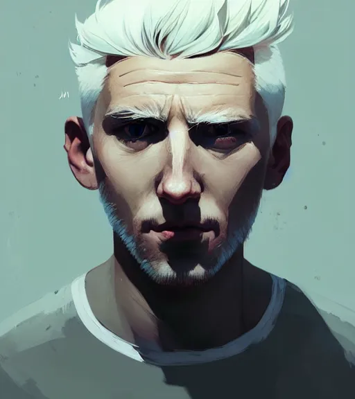 Image similar to portrait of a man white hair, white eyes, face tatooes by atey ghailan, by greg rutkowski, by greg tocchini, by james gilleard, by joe fenton, by kaethe butcher, dynamic lighting, gradient light blue, brown, blonde cream and white color scheme, grunge aesthetic