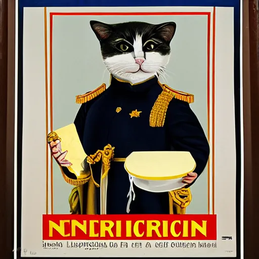 Image similar to a propaganda poster depicting a cat dressed as French emperor Napoleon holding a piece of cheese