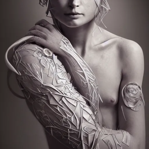 Image similar to hyper realistic photography of elon misk, plated arm, intimate, chest, holding close, ribbons, in the style of beth cavener, jinz kagetsu,, and wlop, highly detailed, intricate filigree, symmetry, masterpiece, award winning, sharp focus, concept art, highkey lighting, ambient lighting, octane render, 8 k, artstation