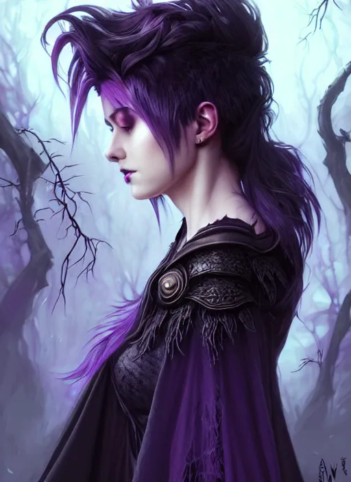 Image similar to side portrait dark witch, adventurer outfit large cloak, fantasy forest landscape, dragon scales, fantasy magic, undercut hairstyle, short purple black fade hair, dark light night, intricate, elegant, sharp focus, illustration, highly detailed, digital painting, concept art, matte, art by WLOP and Artgerm and Greg Rutkowski and Alphonse Mucha, masterpiece