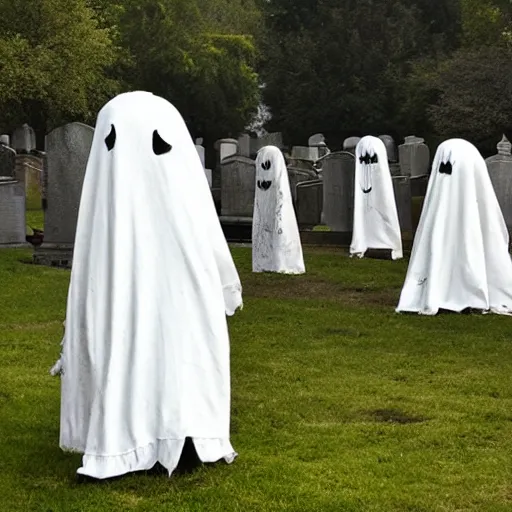 Prompt: bedsheet ghosts haunting a graveyard