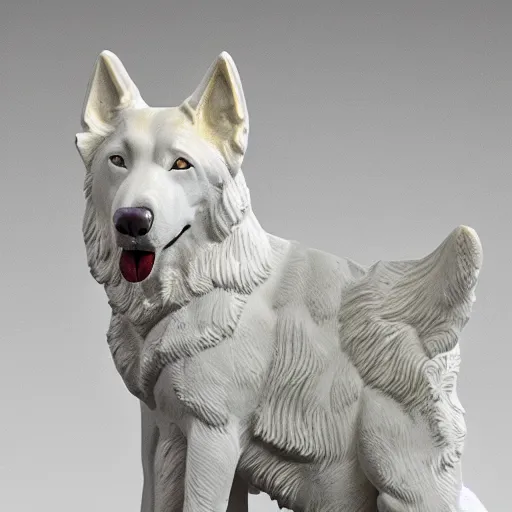 Image similar to detailed photo of a white shepherd statue made of gold, various posed, studio light, 8 k, photorealism, intricate detail, museum diffuse lighting