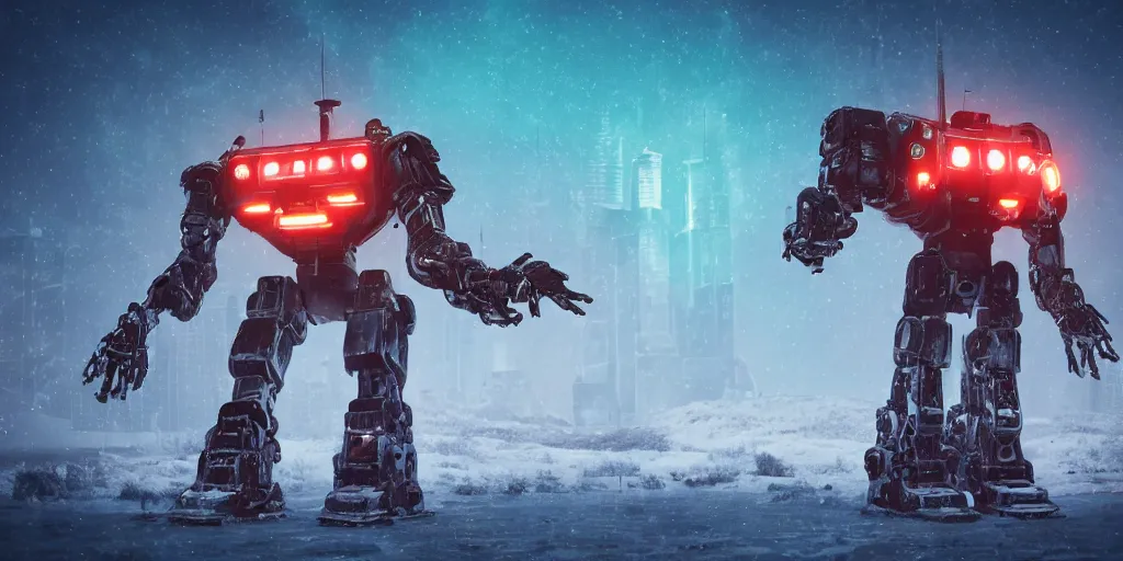 Prompt: a giant robot, megastructure, in a snowy land, photorealistic, neon light