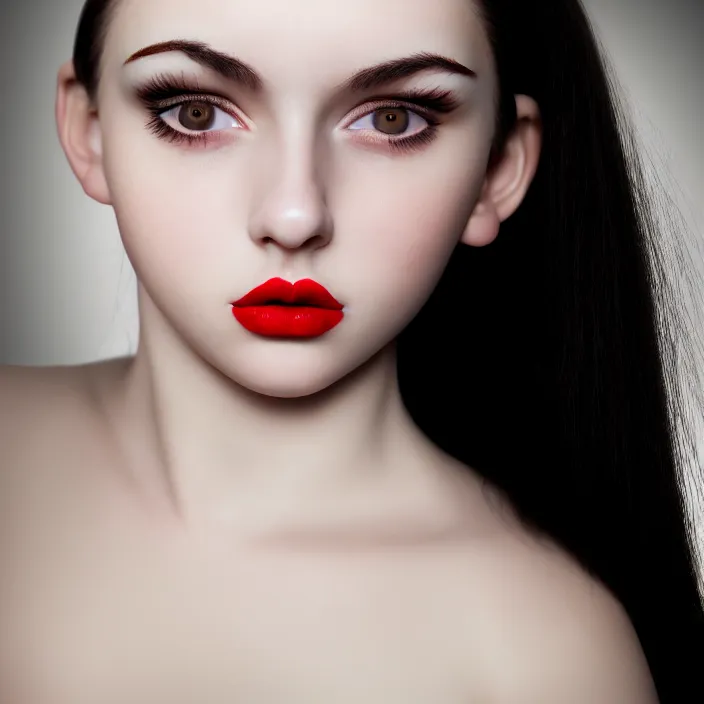Prompt: portrait of a 2 2 year - old european girl, heart shaped face, pale ivory skin, downturned hazel eyes, button nose, thin red lips, natural straight black eyebrows, small round ears, long thing black hair, close - up, hdr photo, trending on artstation, deviant art