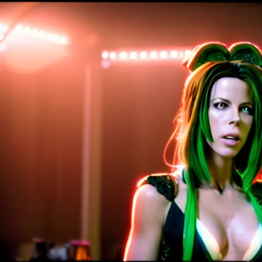 Image similar to cinematic scene with kate beckinsale as jolyne from jojo's bizarre adventure, live action film, stone ocean, dramatic, small details, volumetric lighting, still frame