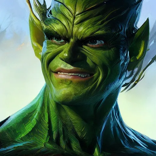 Image similar to the green goblin closeup portrait, dramatic light, lake background, 2 0 0 mm focal length, painted by stanley lau, painted by greg rutkowski, painted by stanley artgerm, digital art, trending on artstation