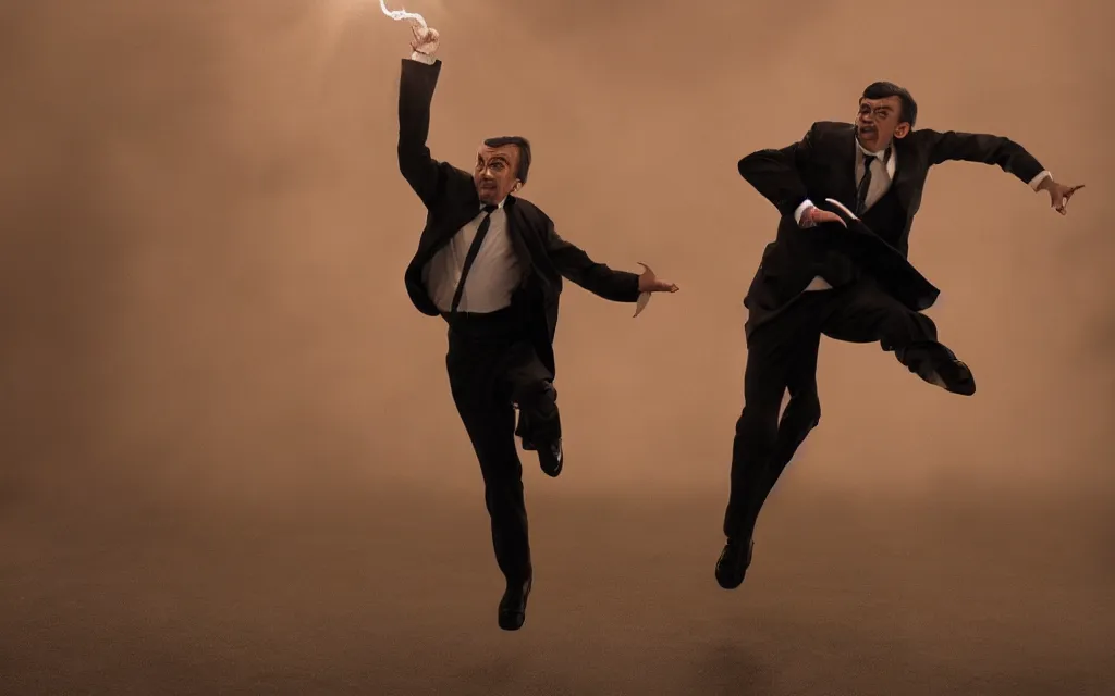 Prompt: dramatic photo of mr bean, professional videography, epic dramatic movie scene, scene shot by professional movie maker Hans Herbick, beautiful, lighting and SFX, high definition, action shot, vivid, brutal