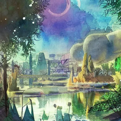 Prompt: Beautiful happy picturesque charming sci-fi town in harmony with nature. Beautiful light. Water and plants. Nice colour scheme, soft warm colour. Beautiful detailed watercolor by Vincent. (2022)