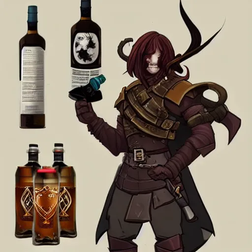 Image similar to DND concept character tan mercenary rogue, with long black hair, leather armor, possessed by a demon, holding a bottle of whisky