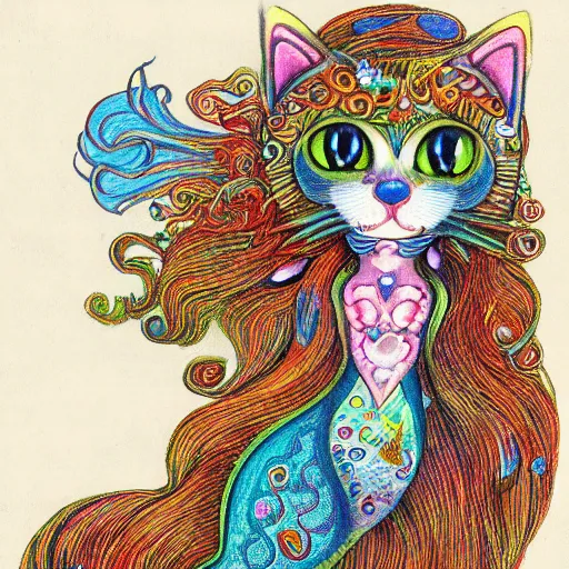 Prompt: cat seahorse mermaid shapeshifter, long-haired humanoid fursona by Louis Wain, furaffinity, trending on artstation