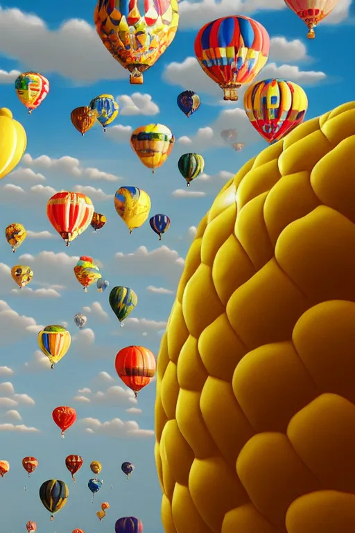 Prompt: beautiful highly detailed balloon festival with pineapple sea underneath, realism, smooth, trending on artstation, high quality