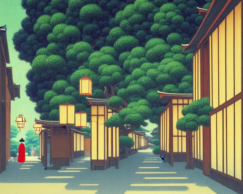 Prompt: an achingly beautiful print of a quiet street in Kyoto Japan with temples and plants, by Raphael, Hopper, and Rene Magritte. detailed, romantic, enchanting, trending on artstation.