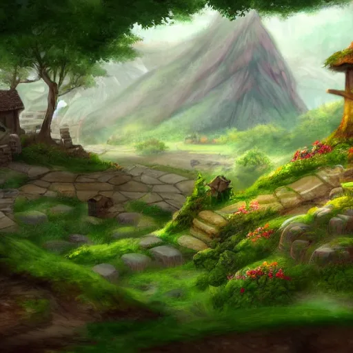 Image similar to a landscape of an elf village, Ghibli, 4k art, trending on art station, 8k, super detailed, ragnarok game style