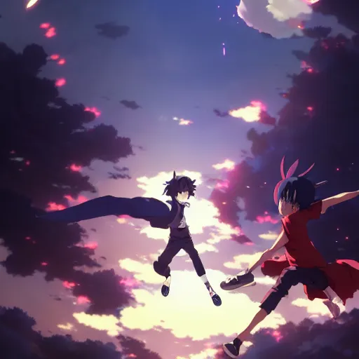 Image similar to dynamic and high energy anime composition with many characters running jumping, gapmoe yandere grimdark, trending on pixiv fanbox, painted by greg rutkowski makoto shinkai takashi takeuchi studio ghibli, akihiko yoshida