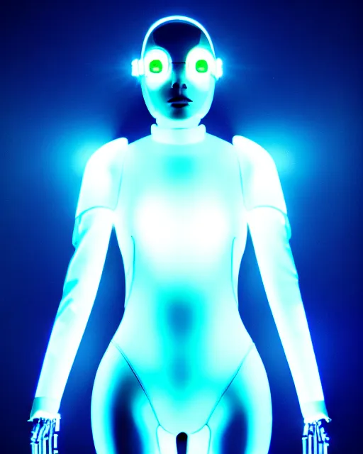 Prompt: human cybersuit goddess, bio-mechanical bio-luminescence, luminous drapes, connecting cells, cinematic