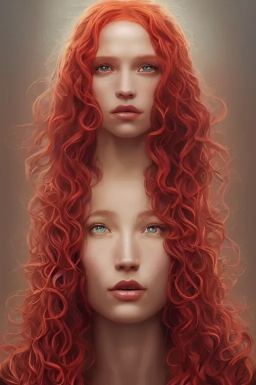 Prompt: portrait of an light filled goddess woman with red curly hair, straight on portrait, by artgerm, james jean, tom bagshaw, gerald brom, 4 k, smooth, hd, substance designer render, full body character concept art, symmetrical,