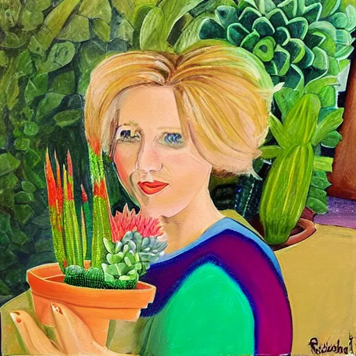 Image similar to painting by Rob Hefferans of a beautiful blonde woman with shoulder length hair in a forest green dress putting colorful succulents into rainbow pots at a square table