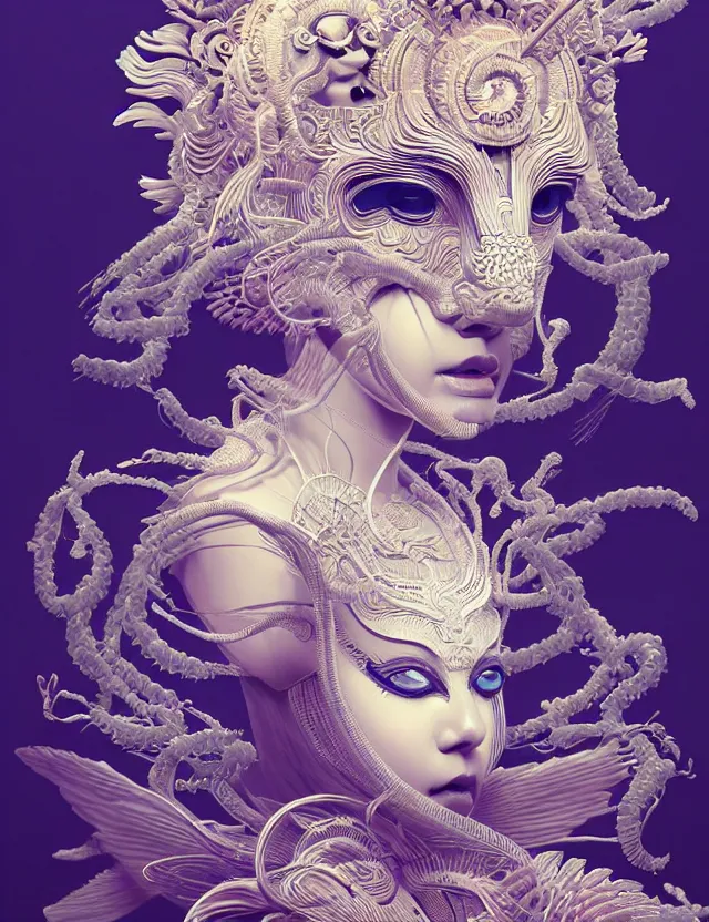 Image similar to simple coherent artwork. 3 d goddess close - up 3 / 4 portrait with ram skull. beautiful intricately detailed japanese crow kitsune mask and clasical japanese kimono. betta fish, jellyfish phoenix, bio luminescent, plasma, ice, water, wind, creature, artwork by tooth wu and wlop and beeple and greg rutkowski