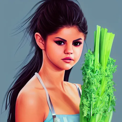 Image similar to digital painting of selena gomez as celery, hd, artstation