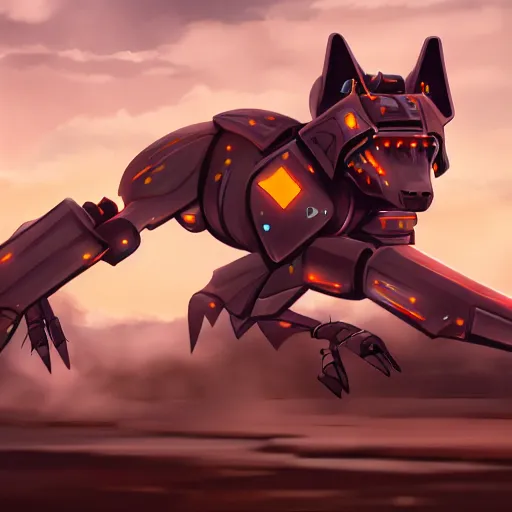 Image similar to highly detailed cinematic shot of a mecha canine, charging through city, digital art, furry art, furaffinity, deviantart, dragon art