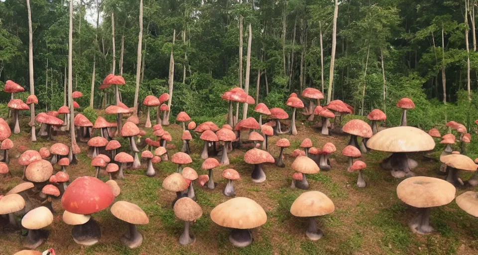 Prompt: A tribal village in a forest of giant mushrooms, by a 8 years old kid,