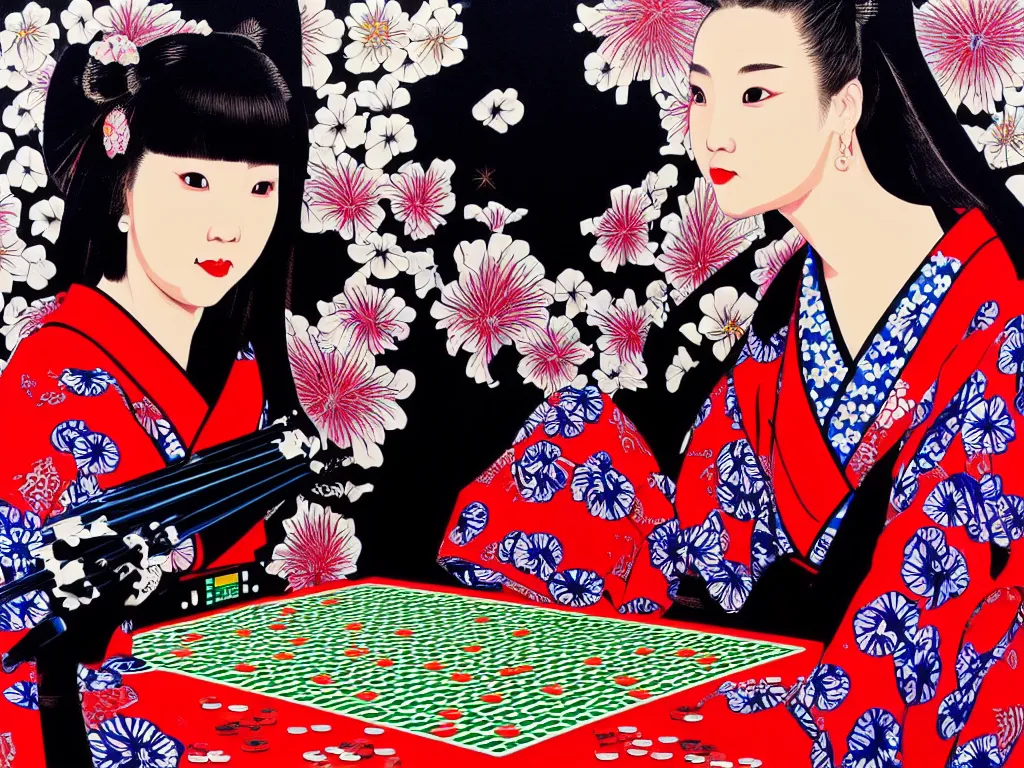 Image similar to hyperrealism composition of the detailed woman in a japanese kimono sitting at an extremely detailed poker table with darth vader, fireworks and folding screen on the background, pop - art style, jacky tsai style, andy warhol style, acrylic on canvas