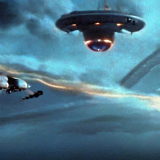 Prompt: movie still from independence day (1996), rendering of jennifer lawrence flying an alien ship,