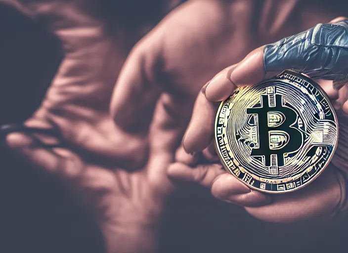 Image similar to mechanical cybernetic hand holding a bitcoin. centered. horror cyberpunk dystopia style. highly detailed 8 k. intricate. nikon d 8 5 0 3 0 0 mm. award winning photography.