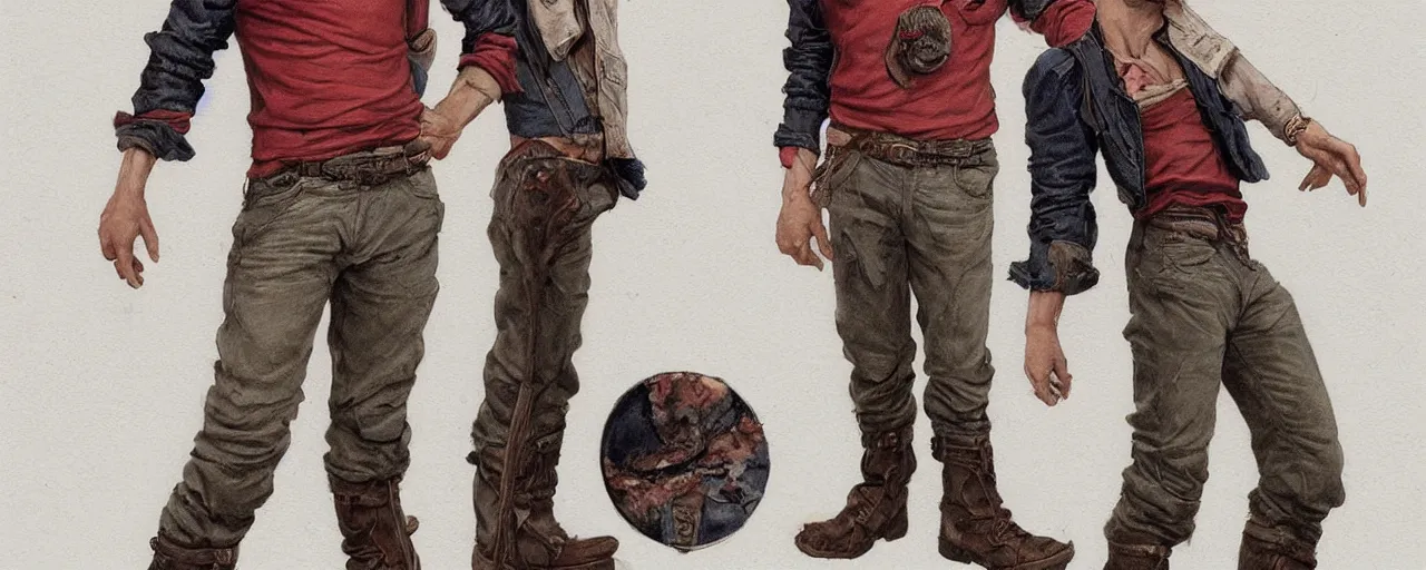 Prompt: character design, reference sheet, fashion, 40's adventurer, unshaven, optimistic, stained dirty clothing, straw hat, riding boots, red t-shirt, dusty rown bomber leather jacket, , detailed, concept art, photorealistic, hyperdetailed, 3d rendering , art by Leyendecker and frazetta,