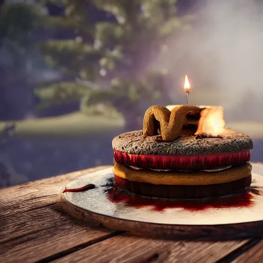 Image similar to a birthday cake with a camp fire on top, photography, photorealistic, concept art, octane render, unreal engine 5, highly detailed, high quality, 8 k, soft lighting,