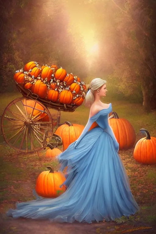 Image similar to beautiful mystical digital painting a beautiful cinderella standing in front of a pumpkin carriage with horses by artgerm