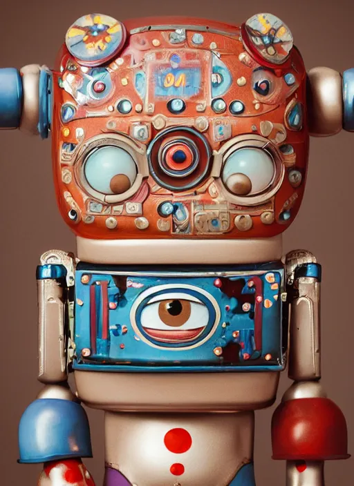 Prompt: closeup portrait of tin toy robot eating tin toy cakes, depth of field, zeiss lens, detailed, symmetrical, centered, fashion photoshoot, by nicoletta ceccoli, mark ryden, lostfish, breathtaking, 8 k resolution, extremely detailed, beautiful, establishing shot, artistic, hyperrealistic, octane render