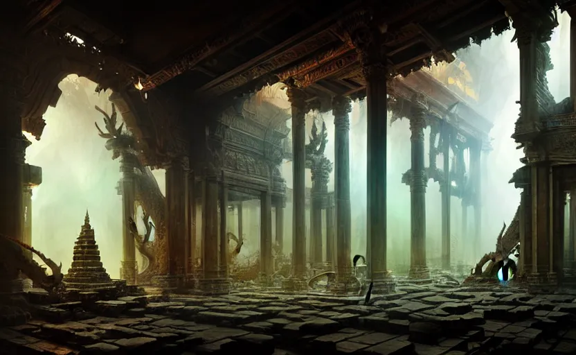 Image similar to The interior of an mytical and ancient temple dragons, in ruins, intricate, elegant, volumetric lighting, digital painting, highly detailed, artstation, sharp focus, illustration, concept art, ruan jia, steve mccurry