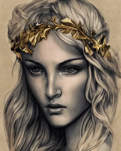 Image similar to front view of beautiful aphrodite greek goddess wearing a gold laurel wreath and triangle earrings, realism tattoo sketch, beautiful piercing eyes with sharp pupils, beautiful blonde hair, in the style of greg rutkowski, fantasy, amazing detail, epic, elegant, smooth, sharp focus