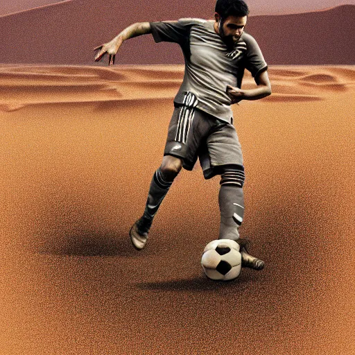 Prompt: a man playing a soccer in the desert, digital art, concept art
