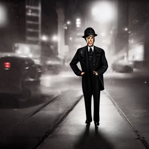 Image similar to a picture of a man with the face of humphrey bogart, wearing a 1 9 4 0's noire detective outfit, standing in the streets of chicago at night, 4 k octane render highly realistic digital painting