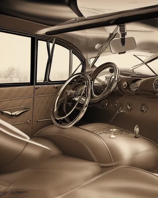 Prompt: interior of vast car show with luxury cars of 1940s, volumetric lighting, 1940s palette, hyper realism, high detail, octane render, high contrast , 8k