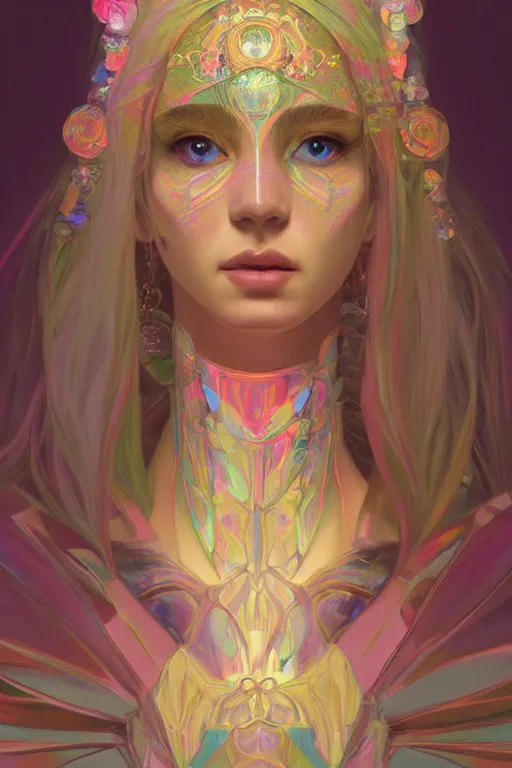 Image similar to flourescent vaporwave portrait of jewel elf oracle physically accurate, moody dynamic lighting, very very intricate, very very elegant, highly detailed, concept art, smooth, very beautiful, sharp focus, illustration, art by Rob Lefield and Dan Mumfordand artgerm and greg rutkowski and alphonse mucha digital painting, artstation, trending on artstation, digital art,surrealism ,macro,blueprint ,vaporwave ,