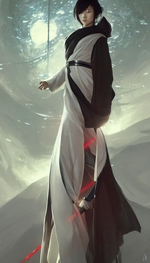 Prompt: portrait of Japanese female wearing Star Wars sith robes, expressive pose, intricate, elegant, highly detailed, digital painting, artstation, concept art, smooth, sharp focus, illustration, art by artgerm and greg rutkowski and alphonse mucha