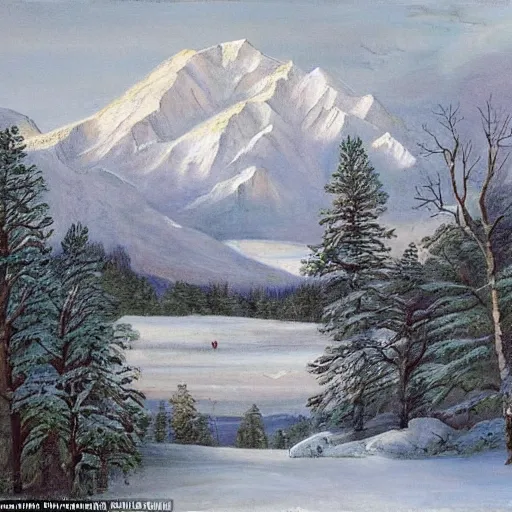 Prompt: This painting shows a winter scene in a mountainous area. The snow is thickly piled against the trees, which are reflected in the surface of the frozen lake. The mountain peak is in the distance, and the sky is painted in a swirling pattern of grey and white clouds