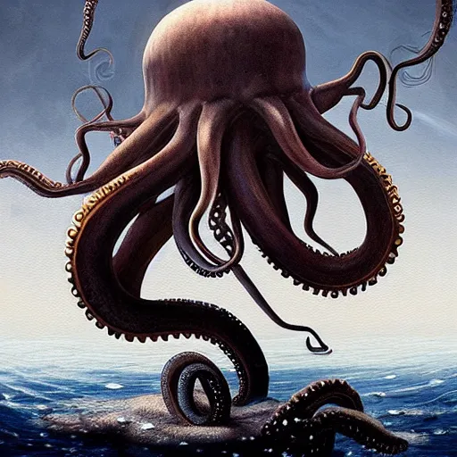 Prompt: a dream fantasy painting of a octopus eat a man in the deep of the ocean, by beksinki, giger, greg rutkowski, carne griffith trending on artstation, deviantart, photorealism