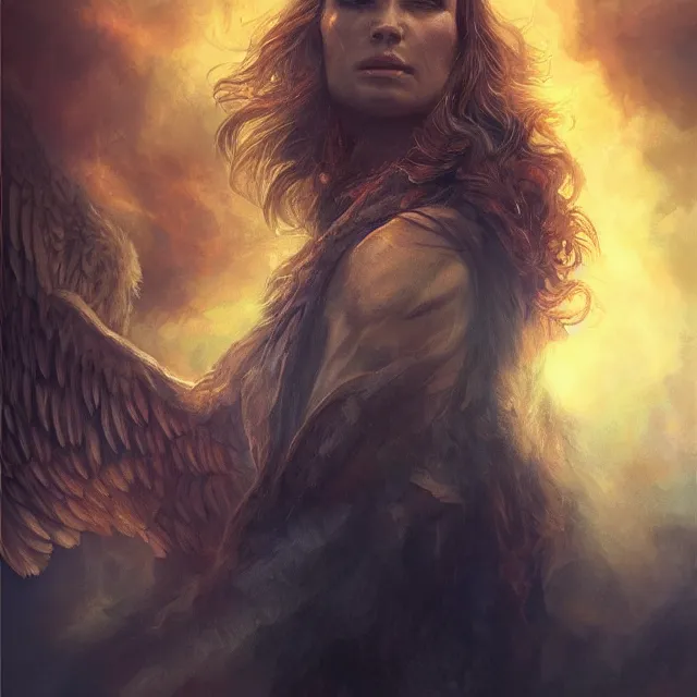 Image similar to majestic gracious archangel michael portrait, atmospheric lighting, painted, menacing, intricate, volumetric lighting, beautiful, rich deep colours masterpiece, golden hour, sharp focus, ultra detailed, by leesha hannigan, ross tran, thierry doizon, kai carpenter, ignacio fernandez rios